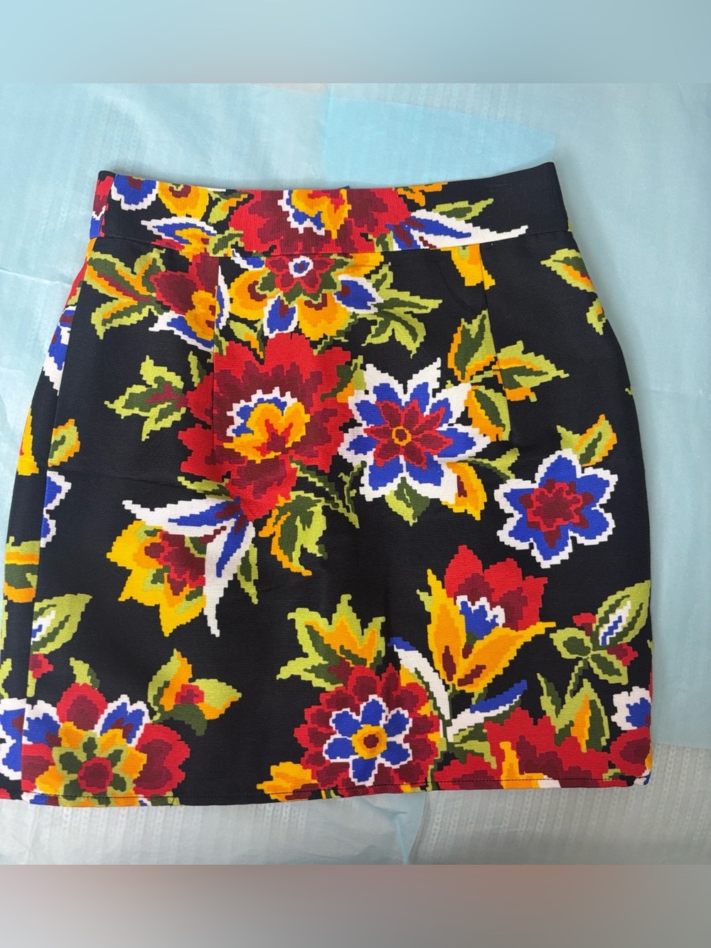 Carolina Herrera Black Mini Skirt with Red, Yellow, Blue & Green Floral Print